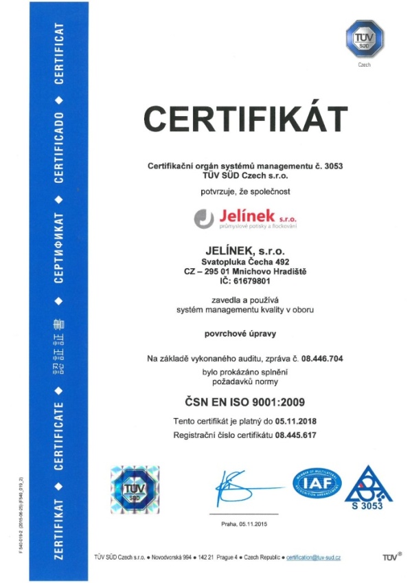 Certificate ISO 9001 - Ćeská verze