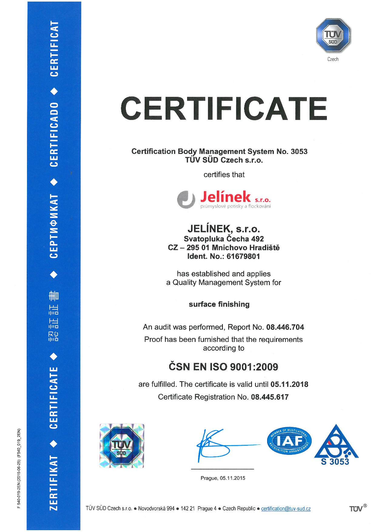 Certifikát ISO 9001 - english version