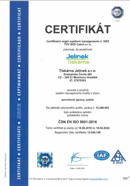 Certificate ISO 9001 - Ćeská verze